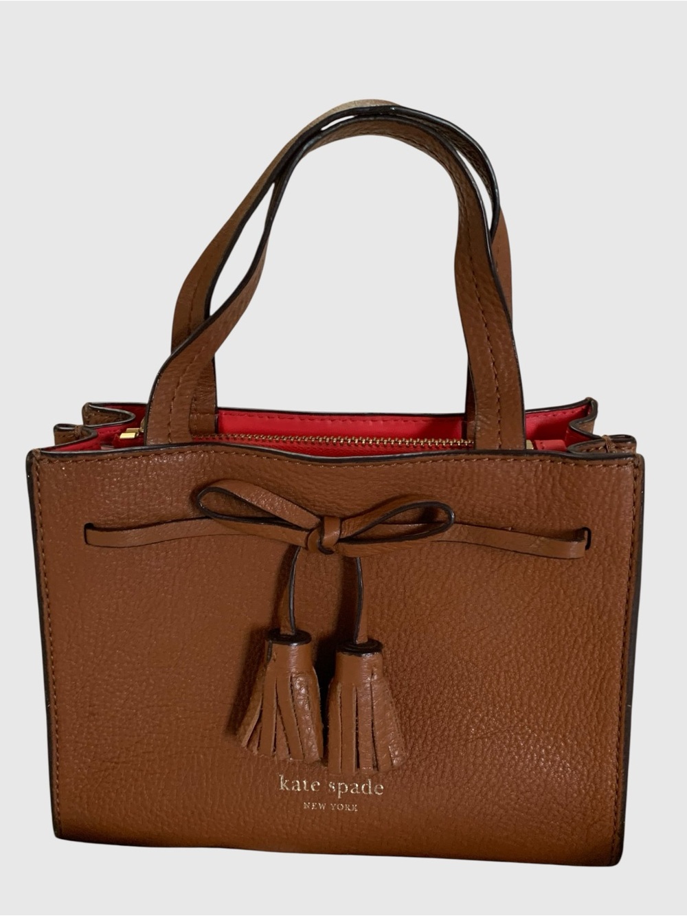 Kate Spade Brown Leather mini satchel Bag with Red Interior